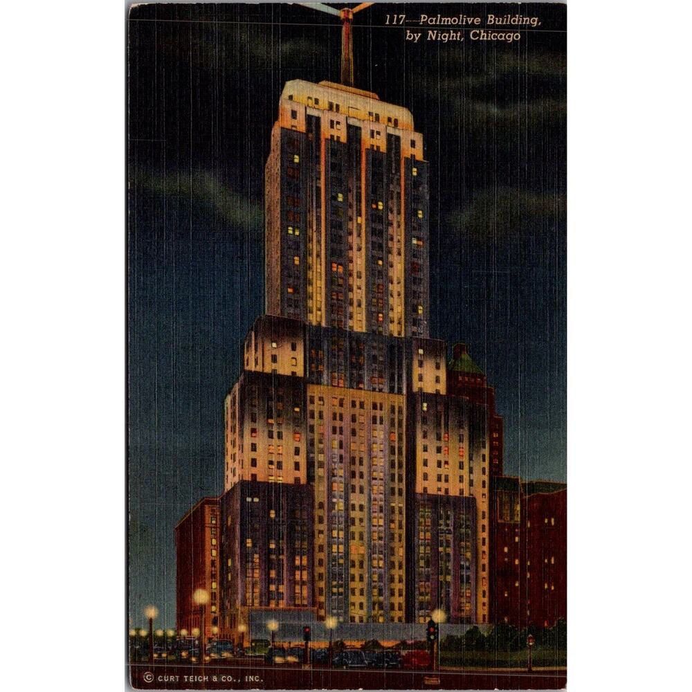 Palmolive Building by Night in Chicago IL Vintage Postcard SP17-17